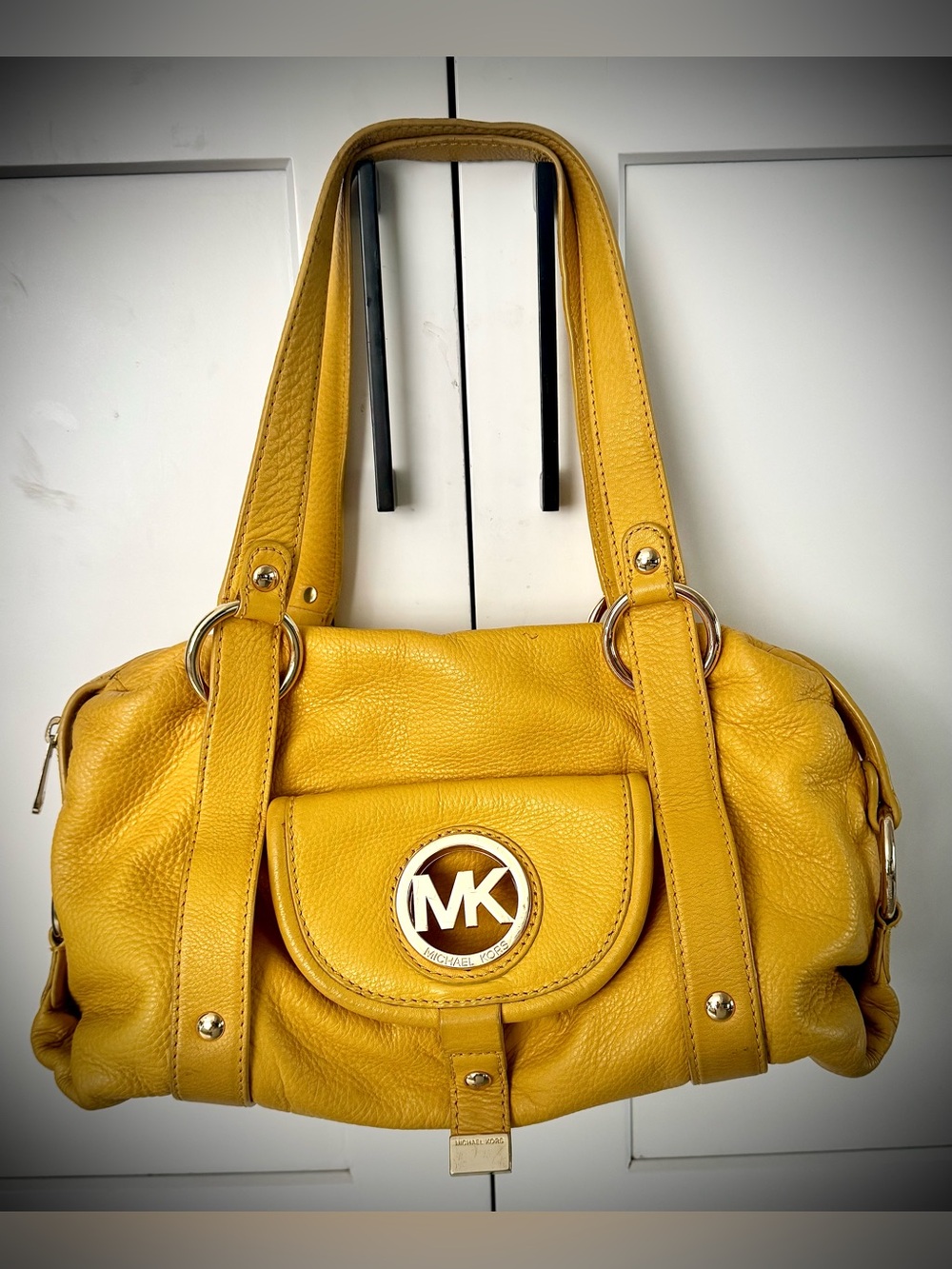 Michael Kors Mustard Yellow Pebbled Leather Shoulder Bag with MK Emblem Y2K